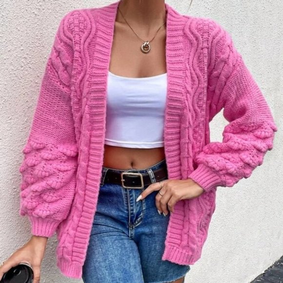 Open Front Pocketed Cable Knit Sweater Duster Cardigan Pink - Picture 2 of 6